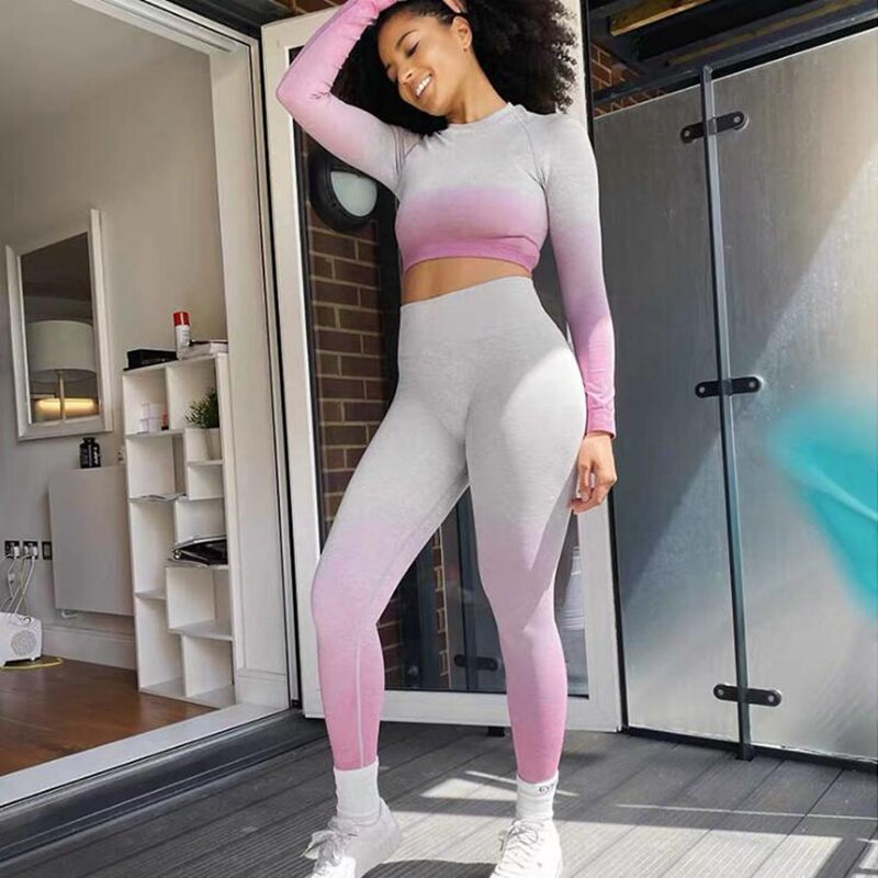 2020 neue Frauen Nahtlose Yoga Set Turnhalle Hohe Taille Ombre Leggings Shirts Top Anzug Langarm Fitness Workout Sport Sportswear set