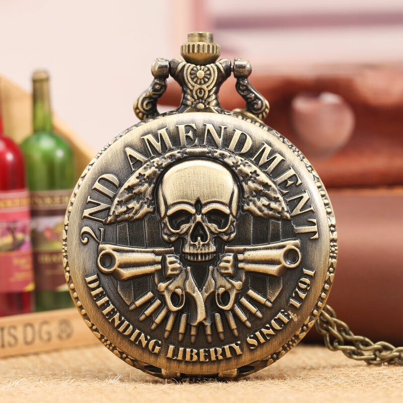 Antigo bronze arma crânio defendendo a liberdade desde 1791 2nd emenda militar quartzo colar de bolso relógio pingente presentes para homem