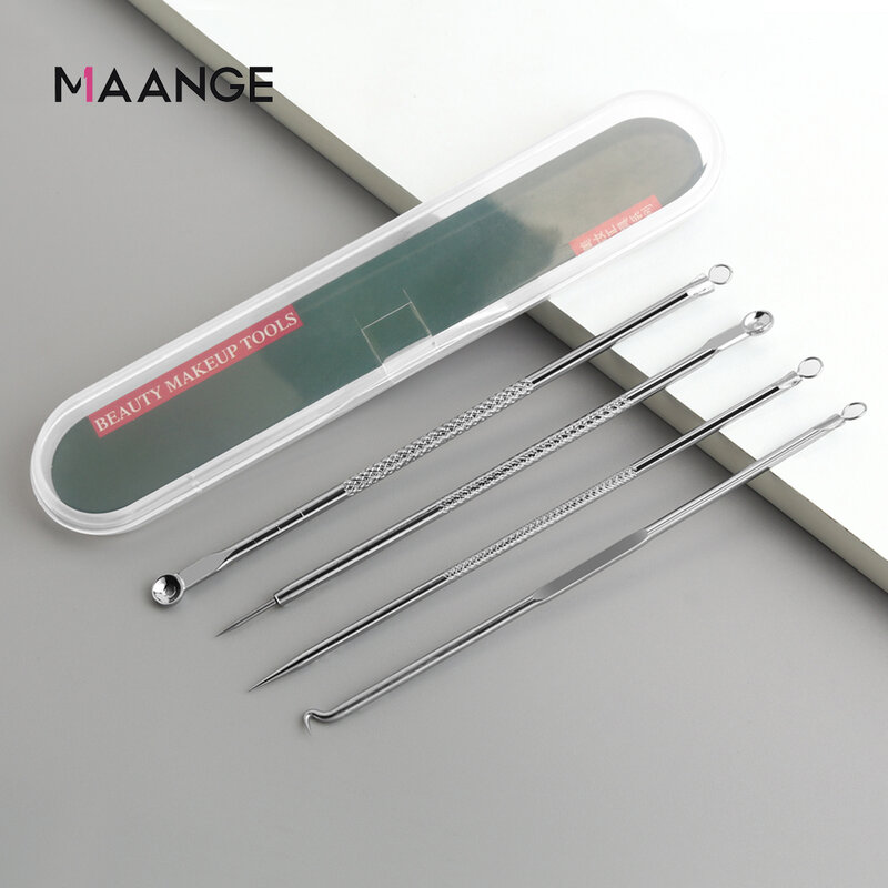 Maange kit removedor de cravos, 4 peças/conjunto, aço inoxidável, kit de remoção, acne, manchas, espinha, removedor de agulhas, cosmético, ferramenta de limpeza facial