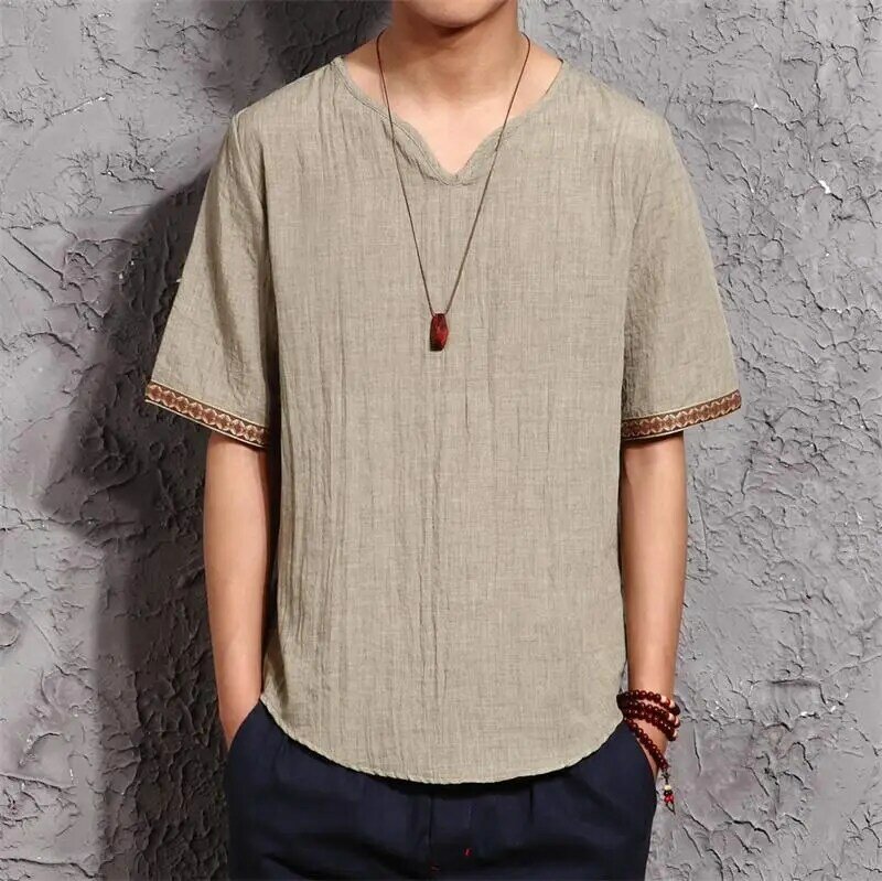 Novo verão solto manga curta camiseta tamanho grande estilo chinês linho masculina manga curta fina retro