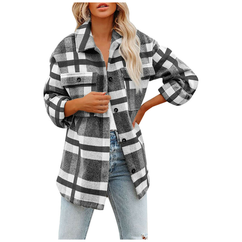 ผู้หญิง Vintage ลายสก๊อตเสื้อแขนยาว Flannel Lapel ปุ่มลง Pocketed Shacket เสื้อกันหนาว Coats ฤดูหนาวฤดูใบไม้ผลิ
