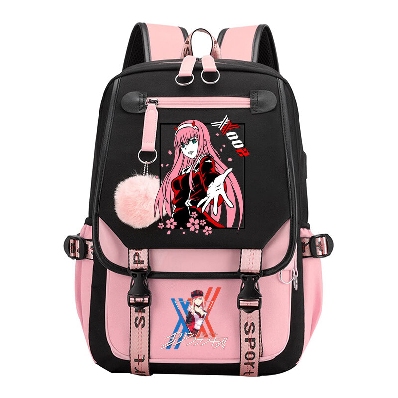 Детский Школьный рюкзак zero two, милая школьная сумка черного и розового цвета с USB-разъемом, подарок для девочек