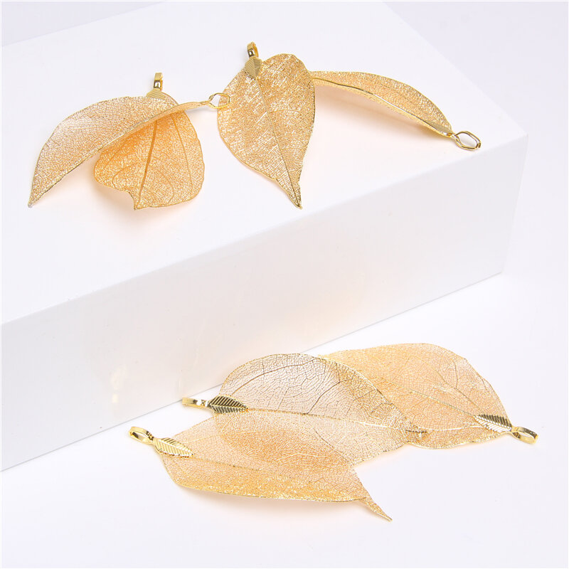 5 pièces de vrais pendentifs de feuilles électroplaqués, perles de charme à longue feuille creuse naturelle pour la fabrication de bijoux pour femmes, accessoire de collier