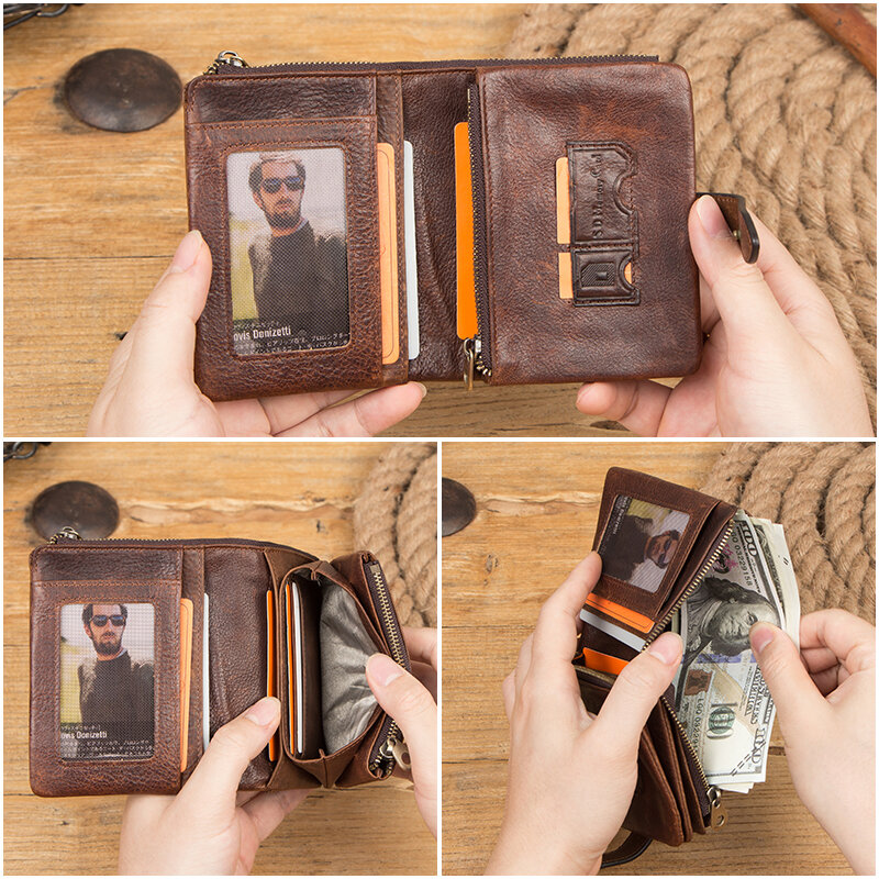 CONTACTS – Portefeuille de luxe en cuir véritable, pour homme, se ferme et pliable, à deux volets courts, avec porte-cartes multifonction, porte-monnaie décontracté