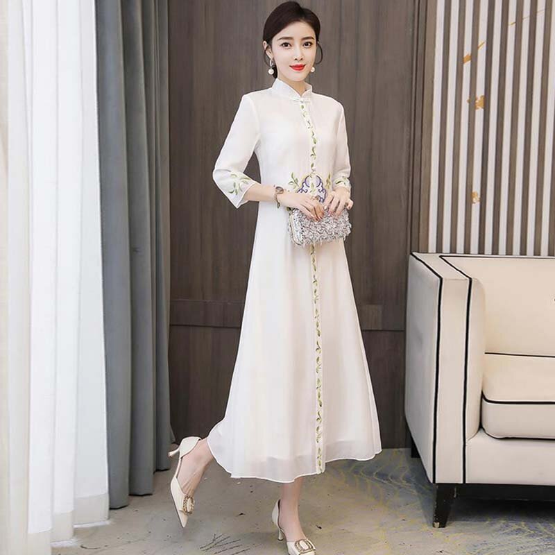 Gaun Cheongsam Fashion Gaun Qipao Retro Bordir Bunga Gaya Cina Baru Gaun Sifon Temperament Femme Orientale