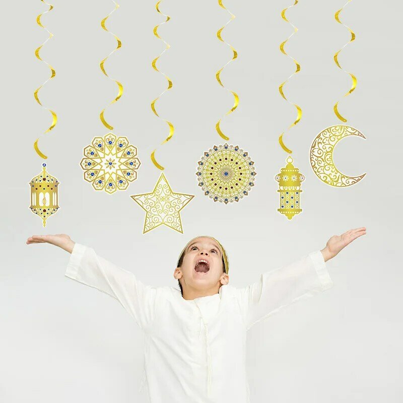 Pendentif en spirale or Eid Mubarak, 6 pièces, bannière de lune étoile, ornement Mubarak, décoration du Ramadan, décoration de salle de maison en macramé