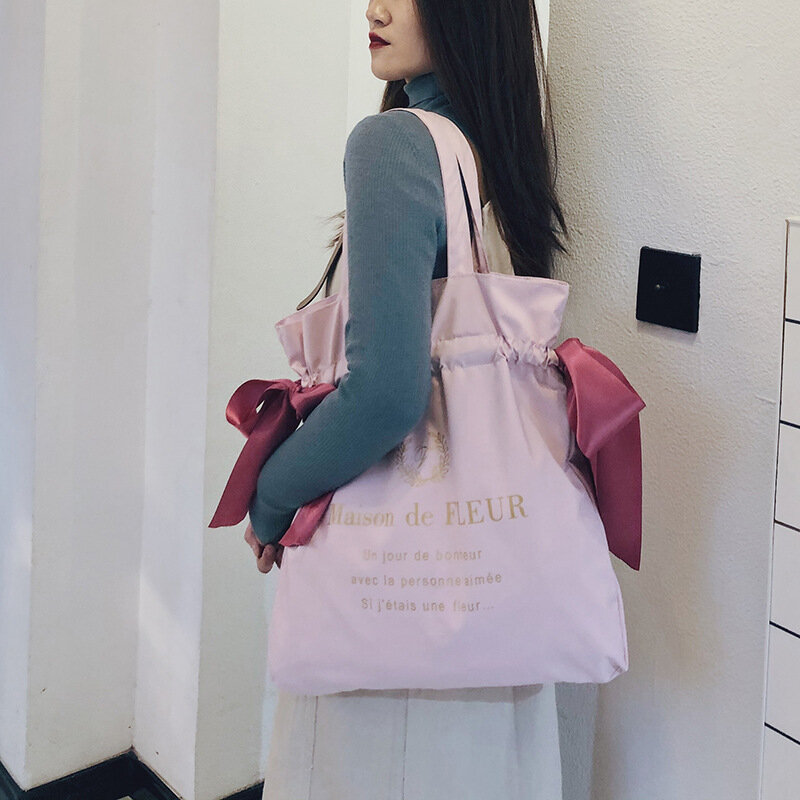 여성용 캔버스 숄더백, 한국 버전, 귀여운 소녀 활 핸드백, 학생 패션, 대용량 재사용 가능한 학교 가방 쇼핑