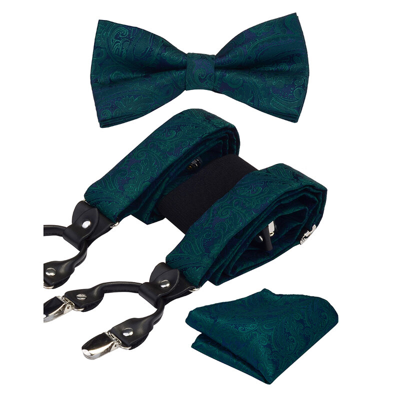 Suspensórios de couro masculinos, conjunto quadrado de bolso com caixa de couro de 6 clipes tipo caxemira ajustável para homens