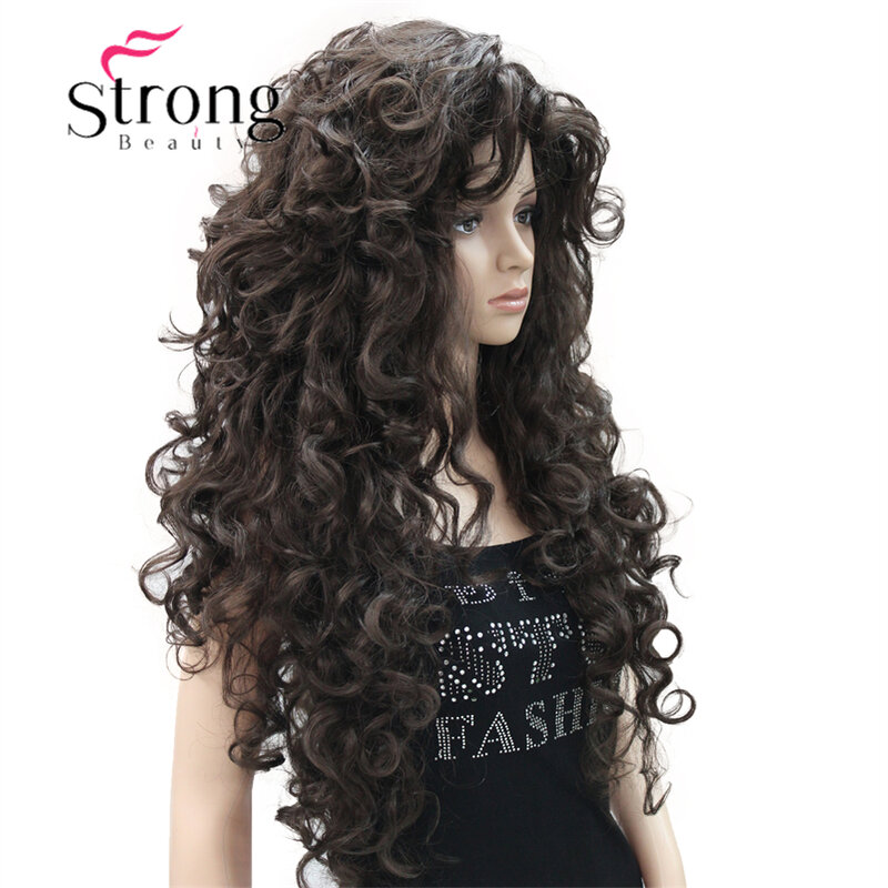 Strongbeauty-perucas femininas de camadas longas, grossas e macias, cachos saltitantes, conjunto completo de perucas sintéticas, perucas castanhas escuras para mulheres