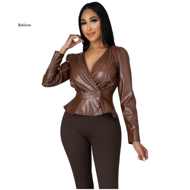 Fall Winter Women's Artificial Leather Jacket Solid Color Long Sleeve Sexy V-Neck Button Women Fashion Leather Top New