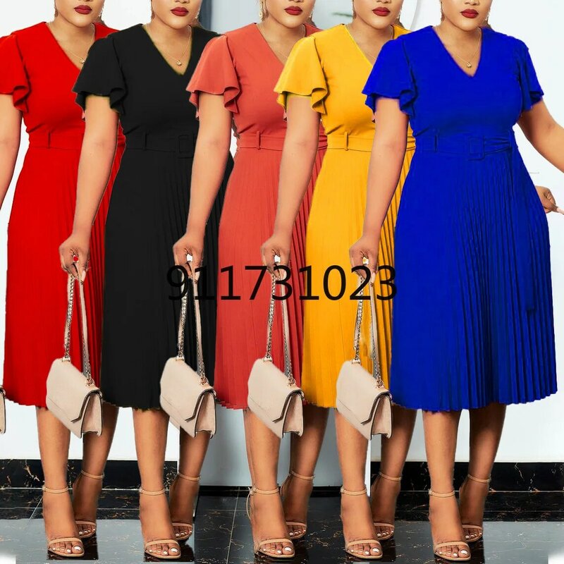 Women Midi Dress Solid Pleated A-line Vestidos Ladies Vintage Elegance Vestidos Fashion Streetwear Summer Outfits 2024