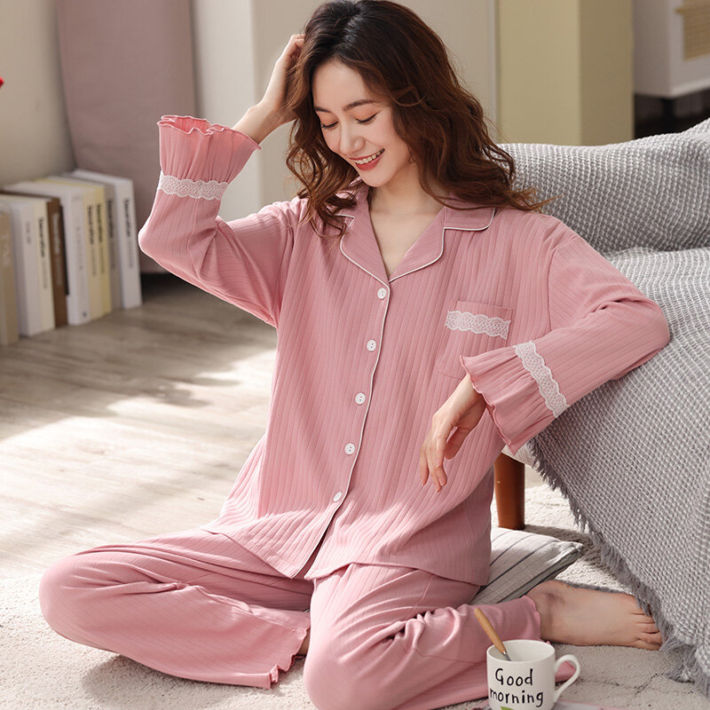 Inverno 100% algodão pijamas femininos homeclothes preto algodão homewear rendas pijamas 2021 moda pj conjunto pijama femme