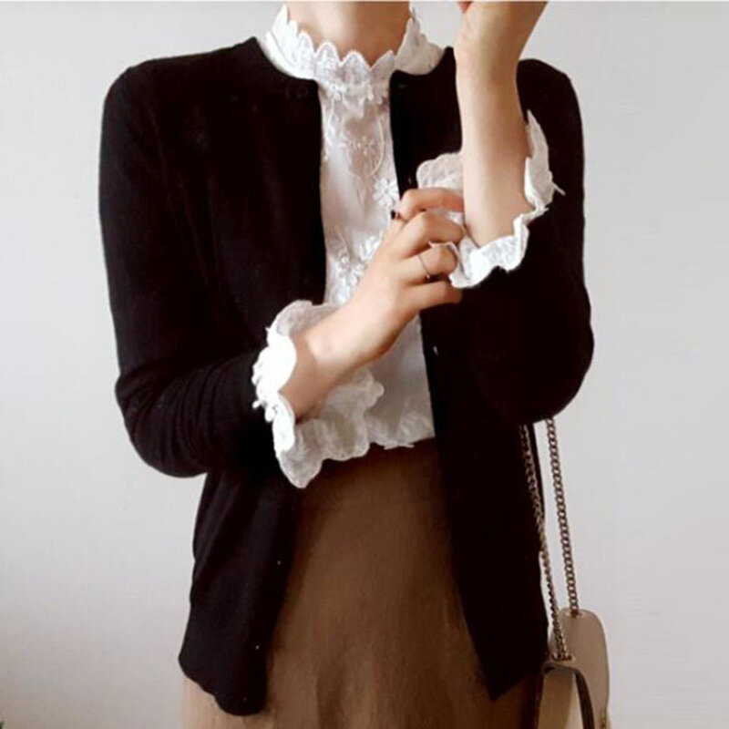 Женская кружевная блузка с длинным рукавом, белая однотонная блузка с цветочной вышивкой и воротником-стойкой, в японском и корейском стиле...