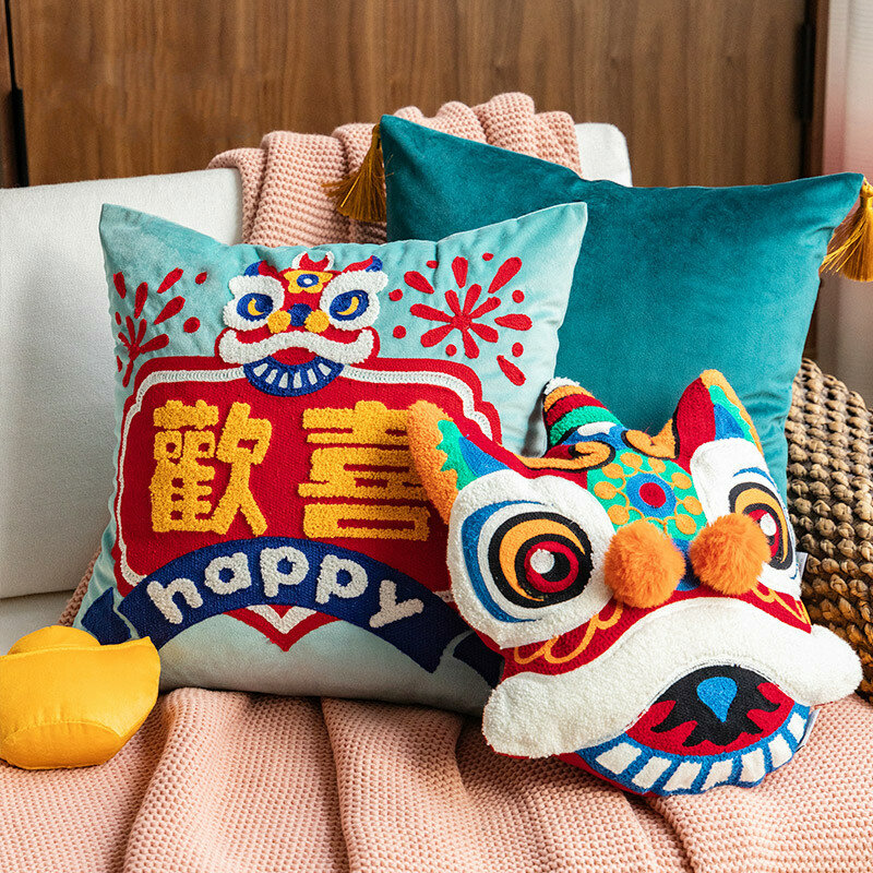 DUNXDECO-funda de cojín decorativa, cubierta de cojín con bordado de León, danza tradicional china, sofá, silla, ropa de cama