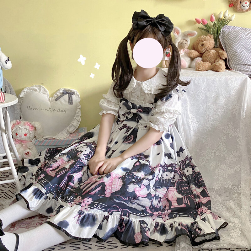 Neue Herbst Vintage Bogen Frauen Kleid Japanischen Sweets Nette Kuh Katze Victorian Lolita Kleider Robe Kawaii Goth Cosplay Vestido Midi