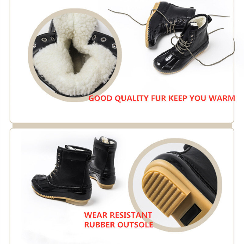 STRONGSHEN-Botas de pato para mujer, botines impermeables con cremallera, suela de goma, para lluvia, con cordones, zapatos de piel para invierno