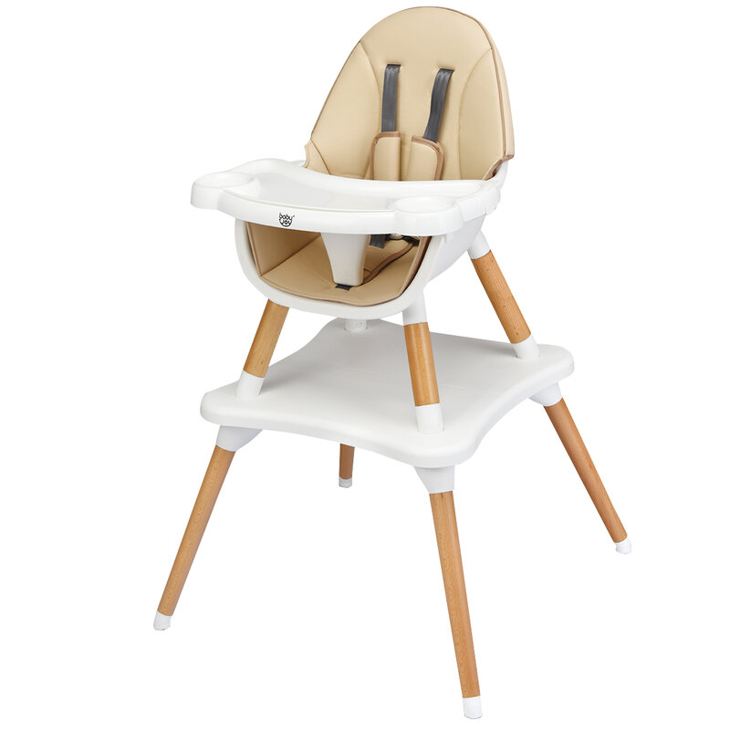 Cadeira alta infantil 4 em 1 conversível de madeira infantil cinto de segurança 5 pontos cáqui