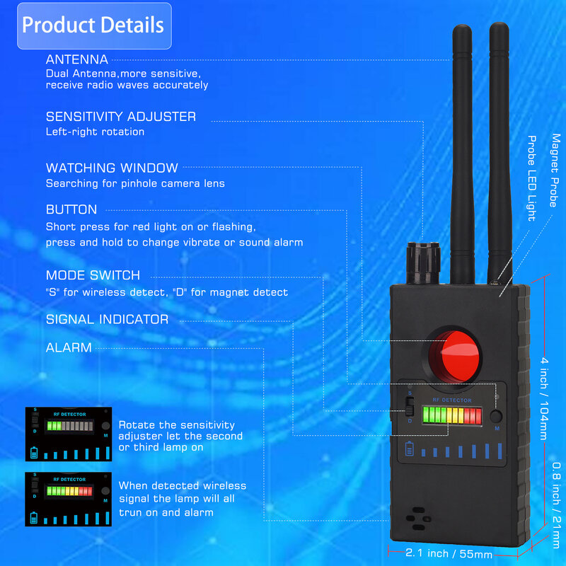 Detector de cámara oculta Anti Candid, buscador de señal RF, Bug, Audio GPS, GSM, teléfono móvil, Wifi, Pinhole, escáner de cámara, antena Dual, G528