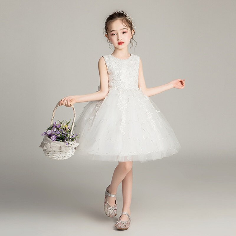 Vestido infantil para meninas, elegante, festa de casamento, vestido curto de princesa com contas e flores, fantasia de verão