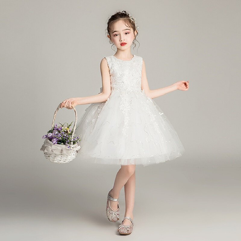 Vestido elegante para niñas, ropa de fiesta de boda, Vestido corto de princesa con cuentas de flores, trajes de verano