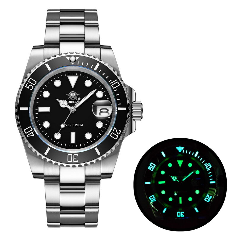 Addies mergulho dos homens de alta qualidade relógio de quartzo 200m à prova d' água relógio de cerâmica moldura do calendário de exibição c3 super luminosos relógios