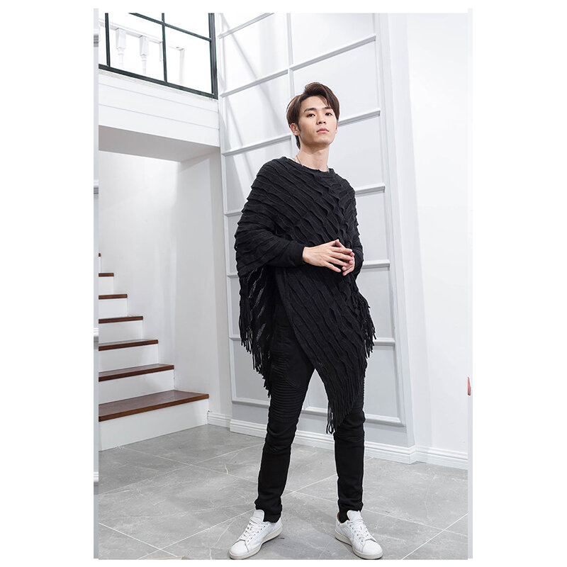 Shawl men's Korean fashionable and handsome knitted sweater Cape tassel crew neck for all kinds of wear, shoulder protection and