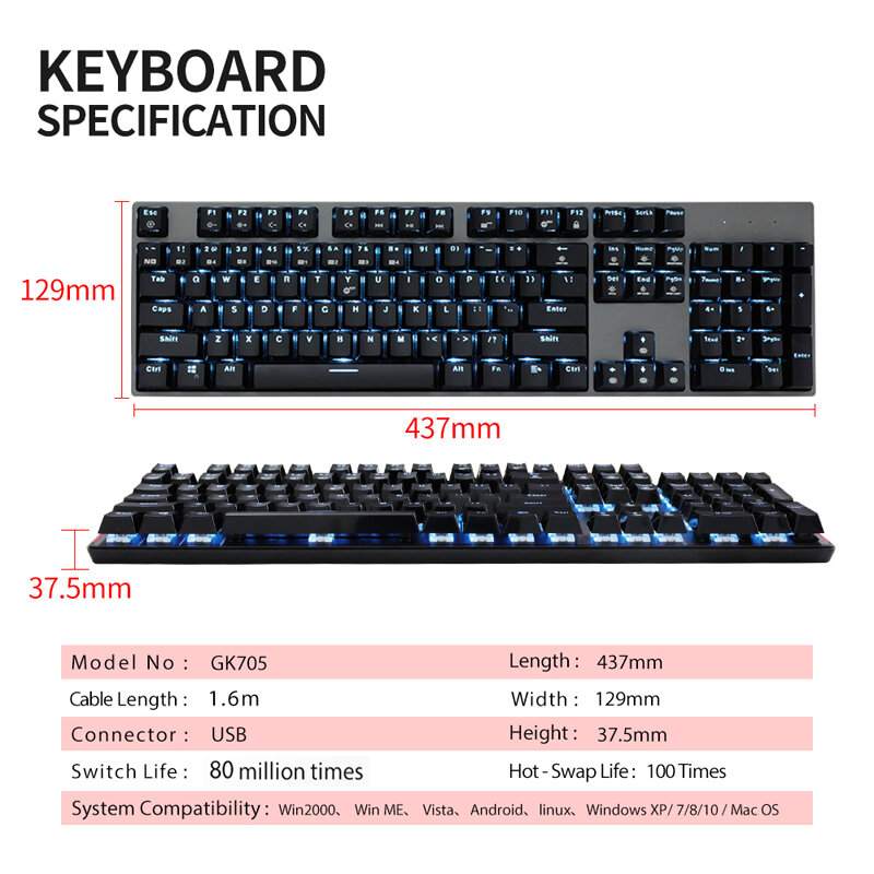 Новая Водонепроницаемая механическая клавиатура GK705, 104 клавиш, Kailh BOX, переключатель, горячая замена, LOL, Механическая игровая клавиатура