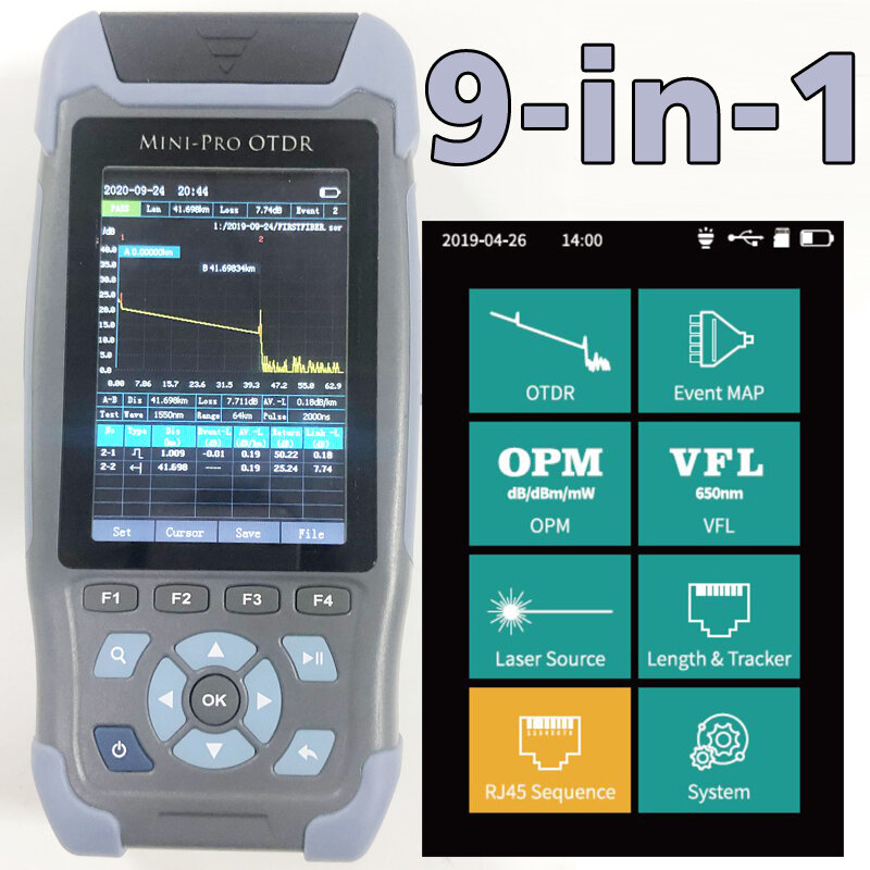 Pro Mini OTDR Fiber Optic Reflectometer 980rev with 9 Functions VFL OLS OPM Event Map 24dB for 64km Fiber Cable Ethernet Tester