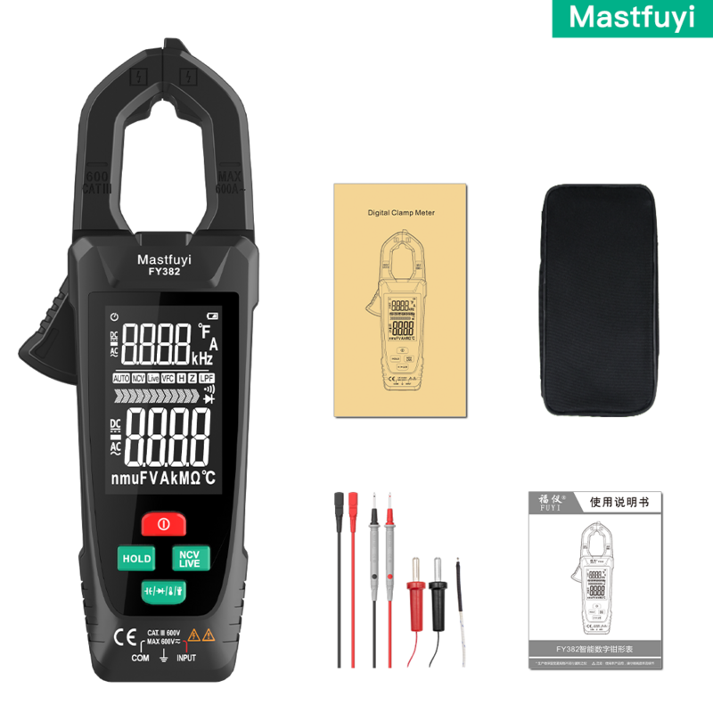 Mastfuyi-디지털 클램프 미터 대형 스크린 멀티미터 9999 카운트, AC 전압 전류 커패시턴스, 잘못된 기어의 자동 보정