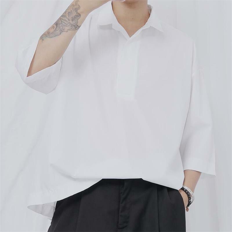 Camisa de manga curta masculina primavera e outono nova base de lapela pulôver cor sólida moda tendência casual solto grande tamanho camisa