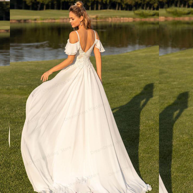 Кружевное шифоновое свадебное платье в стиле бохо, пикантное пляжное свадебное платье с Боковым Разрезом, с V-образным вырезом, на бретелях-спагетти, свадебные наряды