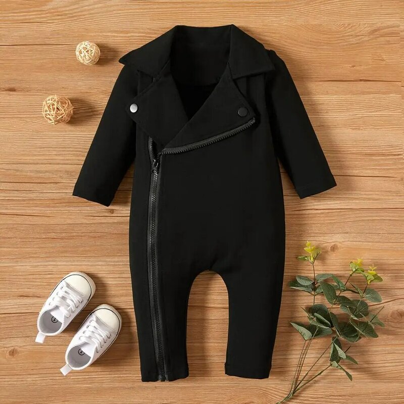 PatPat New Spring And Autumn Baby Gentleman Solid Jumpsuit for Baby Boy Bodysuits Clothes Solid Big Lapel Long-sleeve Jumpsuit