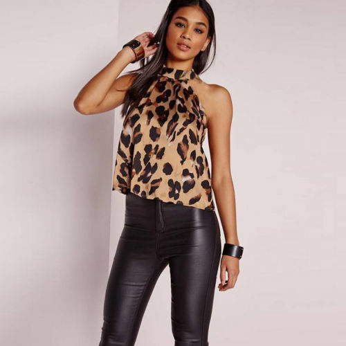 뜨거운 판매 섹시한 레오파드 인쇄 고삐 민소매 셔츠 매달려 목 블라우스 여성 의류 블라우스 크기 S-XXL