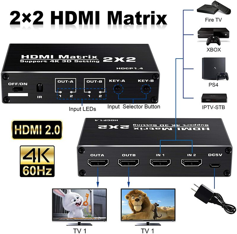 2X2 HDMI Ma Trận Switcher 4K 2 Cổng HDMI Switch Splitter 2 Vào 2 Ra Hỗ Trợ HDMI 2.0 HDCP 1.4 3D 1080P 4K X 2K