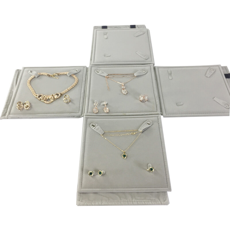 Bolsa de almacenamiento de joyas de terciopelo gris portátil para viaje, bolso plegable para pendientes, anillo, cadena, colgante, collar, exhibición