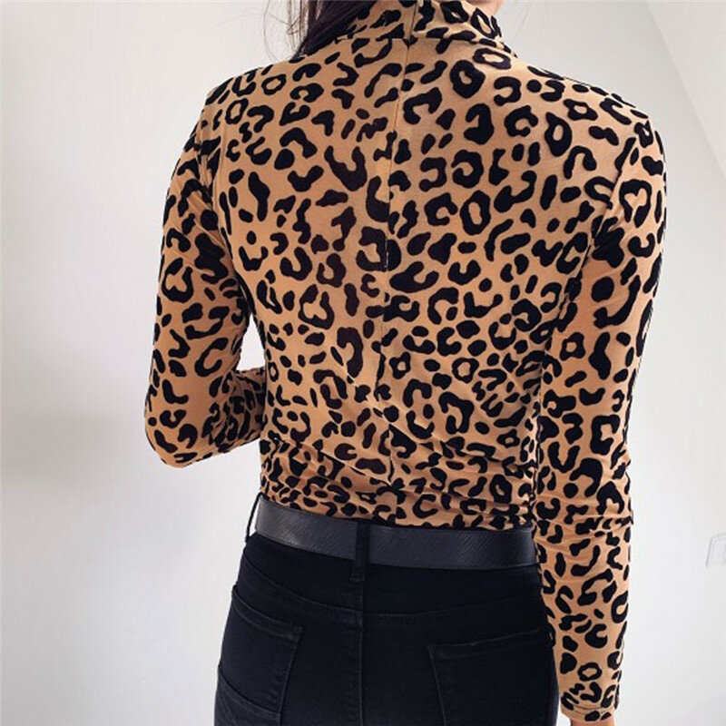 Mujeres Otoño Invierno superior estampado de leopardo básica camiseta elegante manga larga Camiseta cuello tortuga mujer señoras camiseta Streetwear