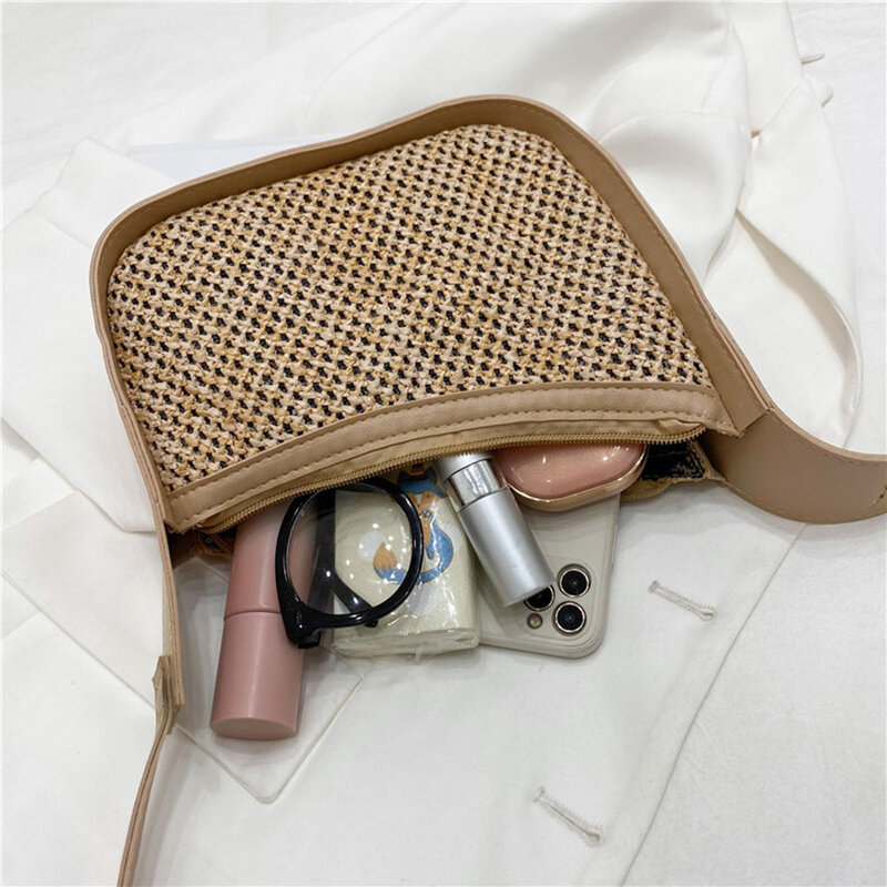 女性のための手織りストローショルダーバッグ,籐のビーチバッグ,シンプルなアンダーアームバッグ,2021