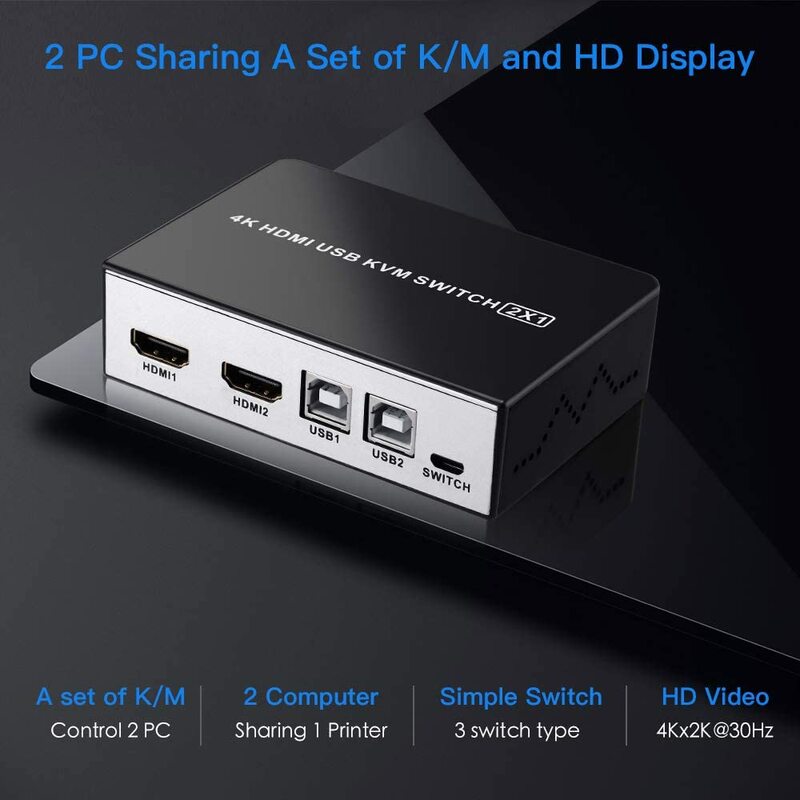 Interruptor KVM 4K HDMI USB, Selector KVM de 2 puertos HDMI para compartir 2 ordenadores, 1 Monitor HD y 4 dispositivos USB, compatible con teclado inalámbrico