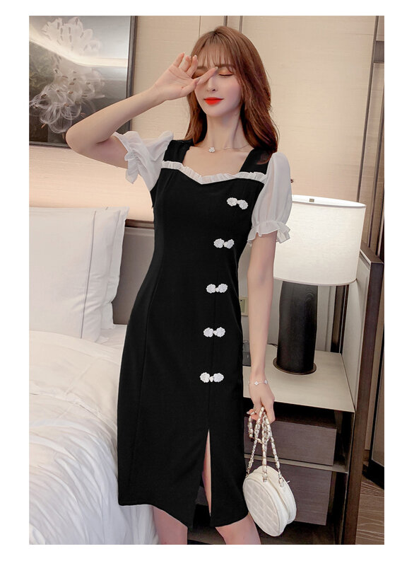 Vestido Cheongsam Retro francés para mujer, vestido negro pequeño con cuello cuadrado, cintura estrecha, Sexy, largo medio, estilo Qipao