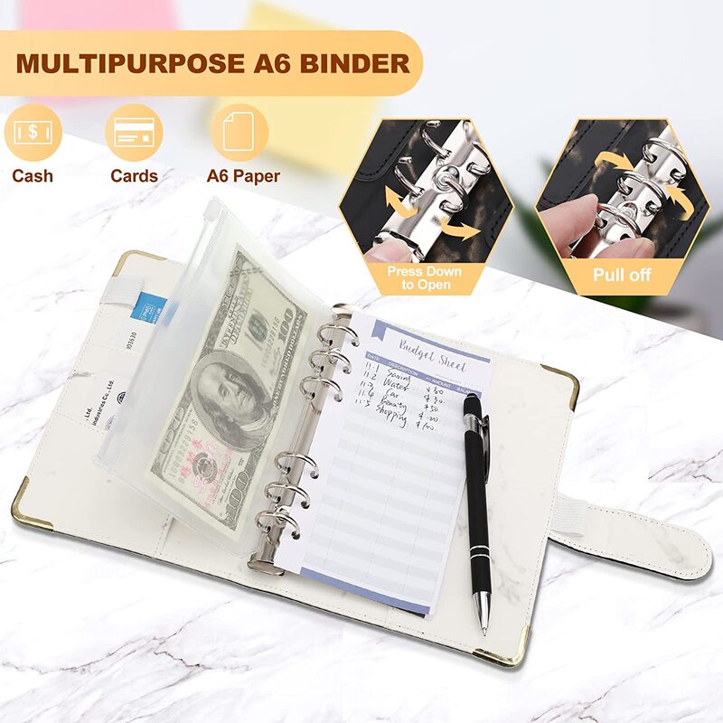 2 Pcs A6 PU Marble Budget Binder Refillable Organizer for A6 Filler Paper, Personal Planner Binder Cover with Magnetic Closure