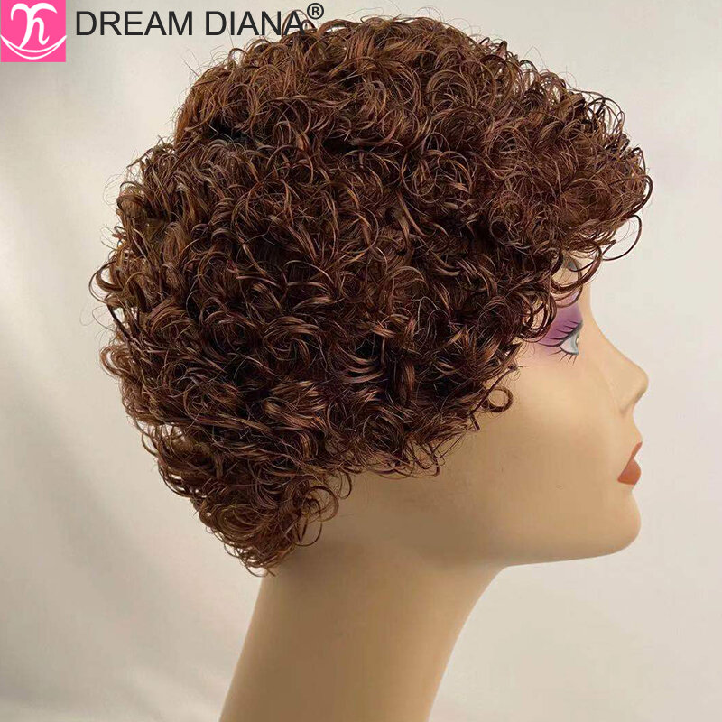 DreamDiana 100% Brazilian Hair Short Curly Human Hair Wigs 4" Cheap Pixie Cut Brown 99J Afro Wigs Machine Made Human Hair Wigs