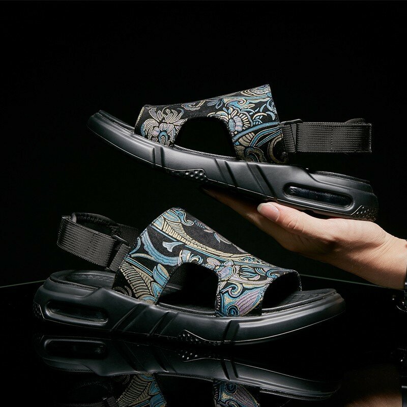 Zapatos informales pintados a mano con punta abierta para hombre, calzado de playa transpirable, moda coreana, calzado de plataforma con gancho negro