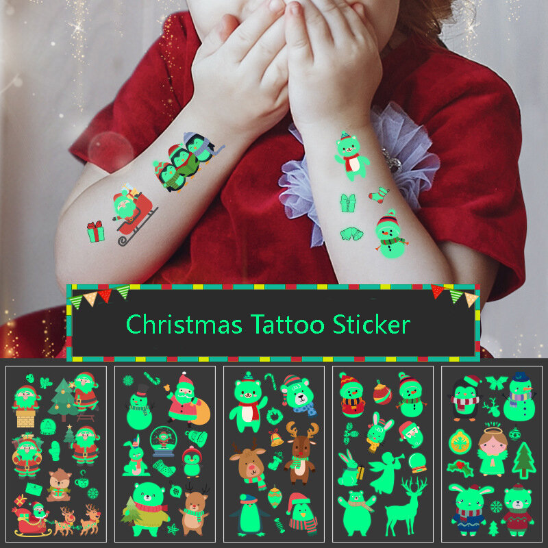 Stiker Tato Natal Anak-anak Tahan Air Sementara Kartun Pendaran Tubuh Santa Klaus Mainan Anak-anak Hadiah Dekorasi