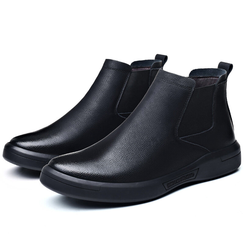 Moda británica para hombre botas de piel abrigadas de cuero de vaca zapatos de invierno de algodón negro botas de tobillo deslizantes chaussure homme bota zapatos