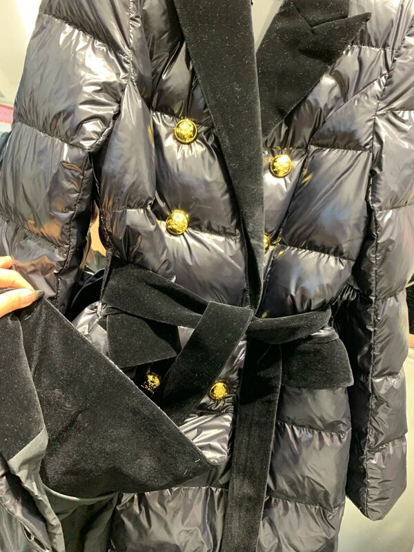 HIGH STREET-prendas de vestir exteriores de diseñador para mujer, abrigo de plumón largo con cinturón de empalme de terciopelo de doble fila, invierno, 2024
