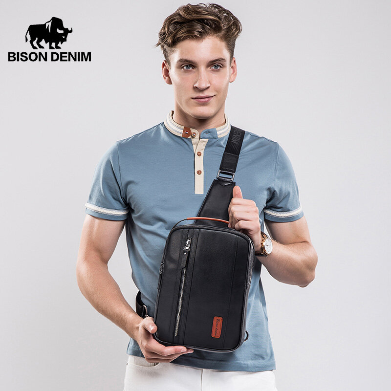 BISON DENIM Design Genuine Leather Mens Chest Bags Casual Men Shoulder Bags Fashion Pack Large Capacity Business Bag's N20139-1B