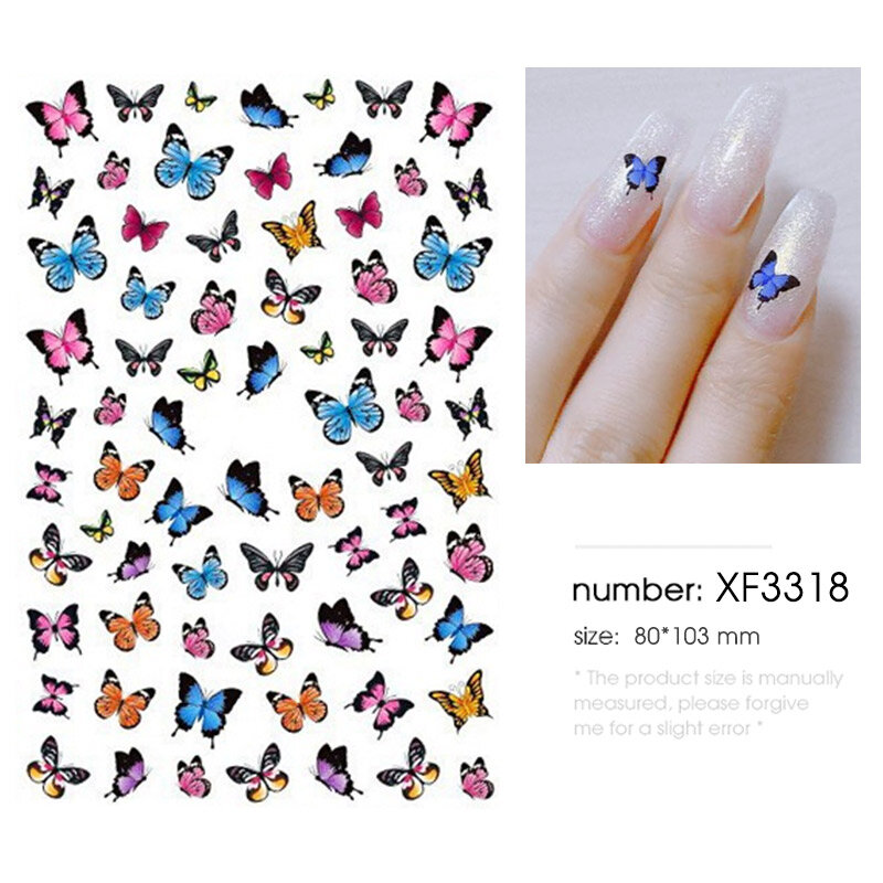 HNUIX 1 Lembar Stiker Kuku Kupu-kupu Bunga Transfer Air Decal Slider untuk Seni Kuku Dekorasi Tato Manikur Amplop Alat