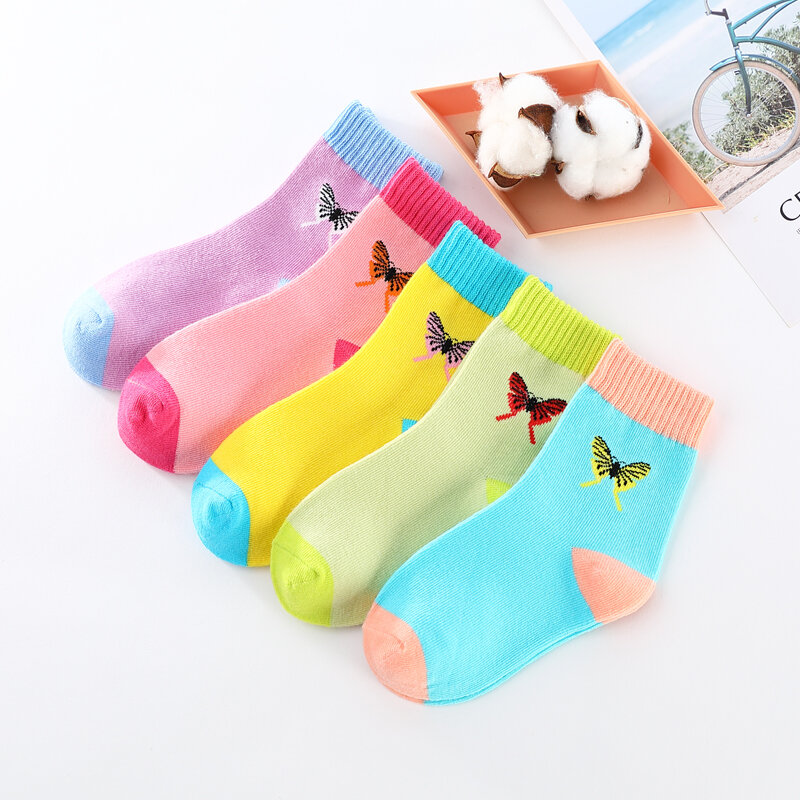 Spring Autumn Girls Socks Butterfly Cotton Candy Colors Socks For Girls 1- 16 Year Kids Socks  5 pairs/lot