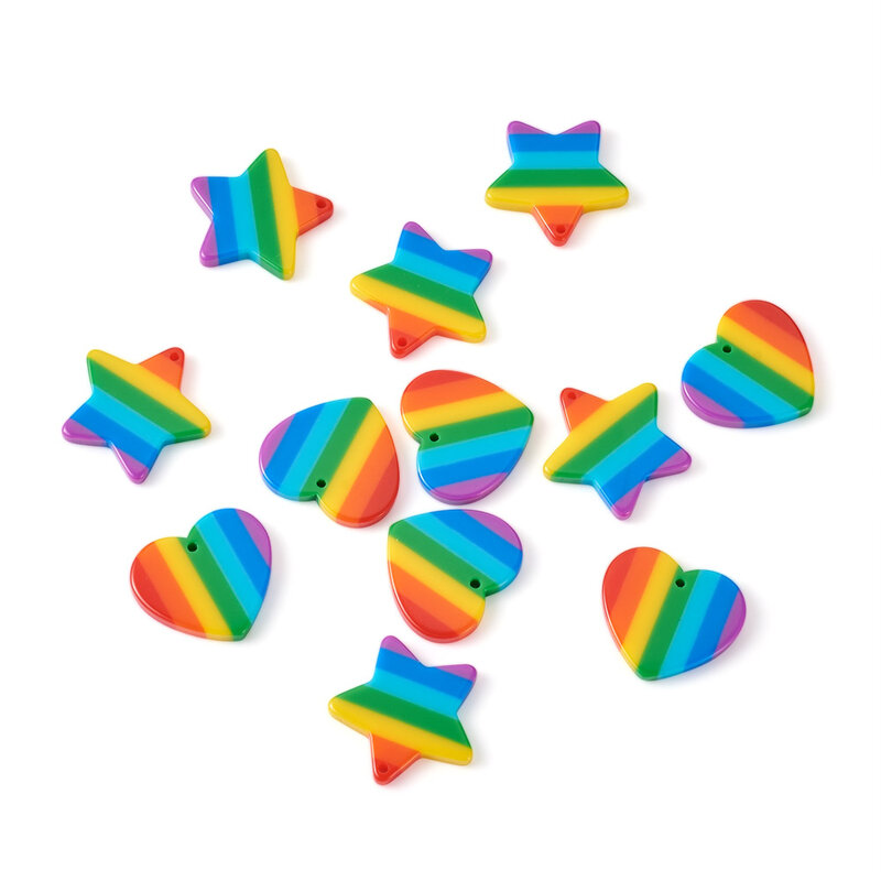 12 Pcs Rainbow Heart and Star Plastic Charms Colorful Stripe Pendants For DIY Earrings Necklaces Key Chian Jewelry Making Gifts
