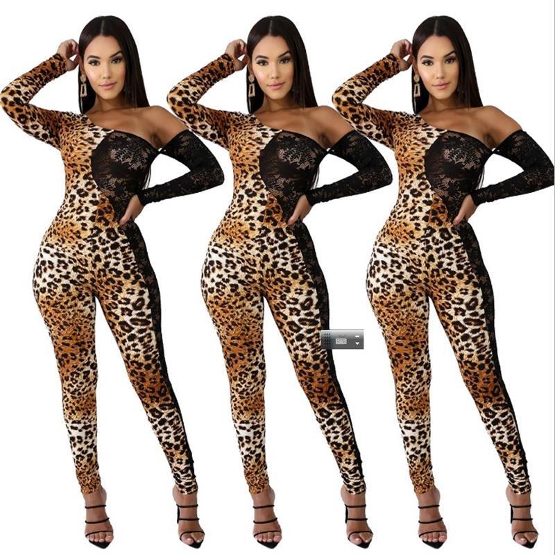2020 nuovo della stampa del leopardo manica lunga autunno delle donne della tuta Pantaloni delle donne di marrone Del Merletto Sottile di Modo Delle Signore Sexy Aderente Tute E Tute Da Palestra